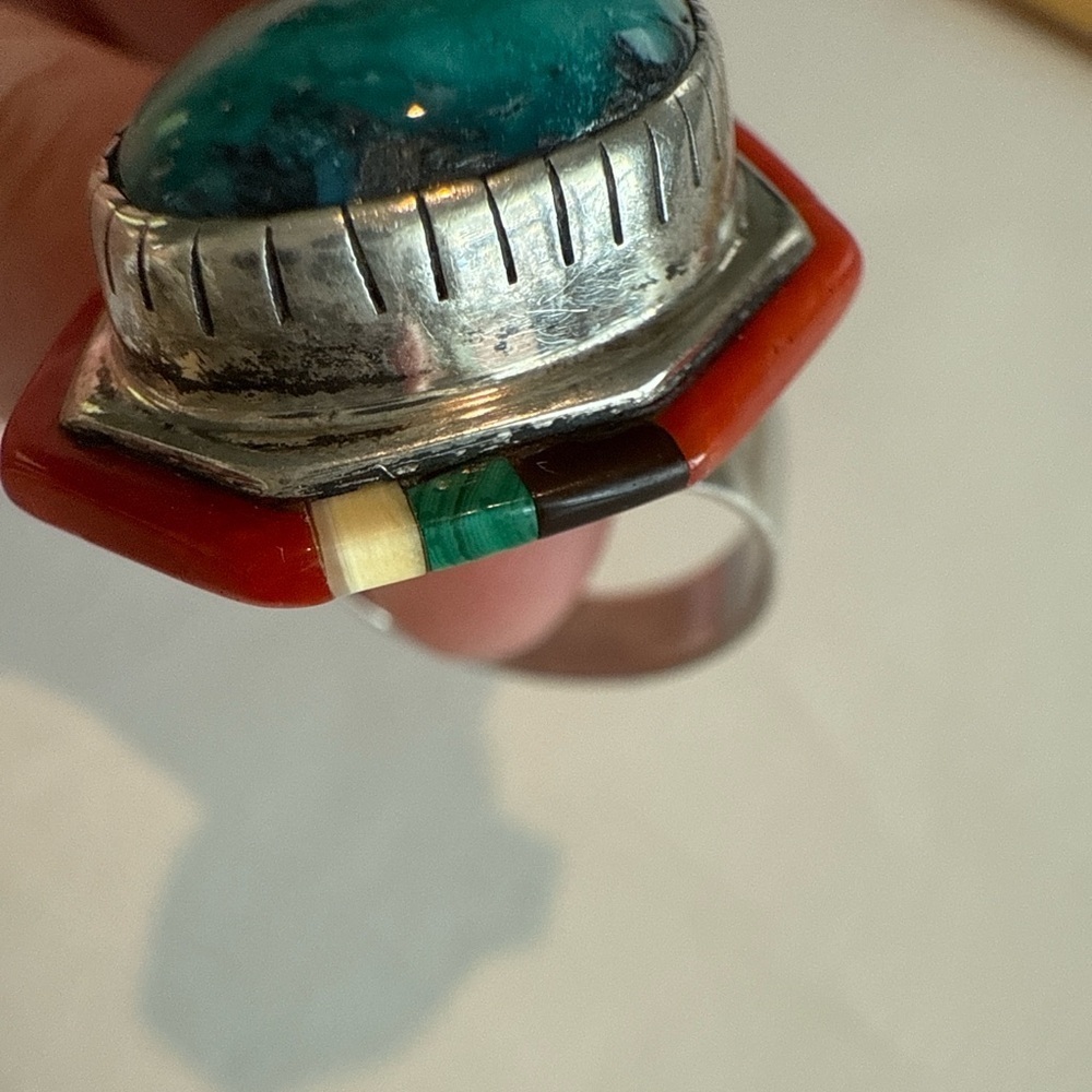 Tony Sanchez Handmade Sterling Silver Turquoise Coral Malachite Jet Ring Size 7 - Picture 9 of 9
